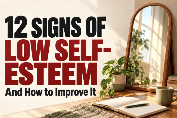 12 Signs of Low Self-Esteem and How to Improve It, in bold black and red text beside a sunlit mirror and journal