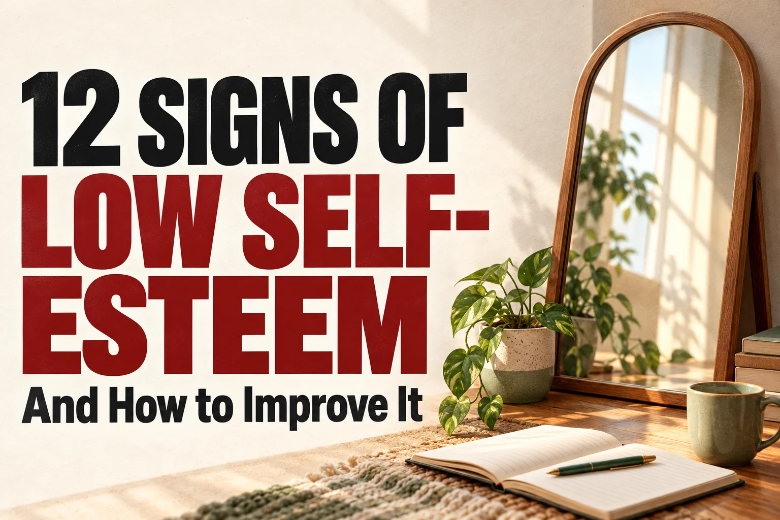 12 Signs of Low Self-Esteem and How to Improve It, in bold black and red text beside a sunlit mirror and journal