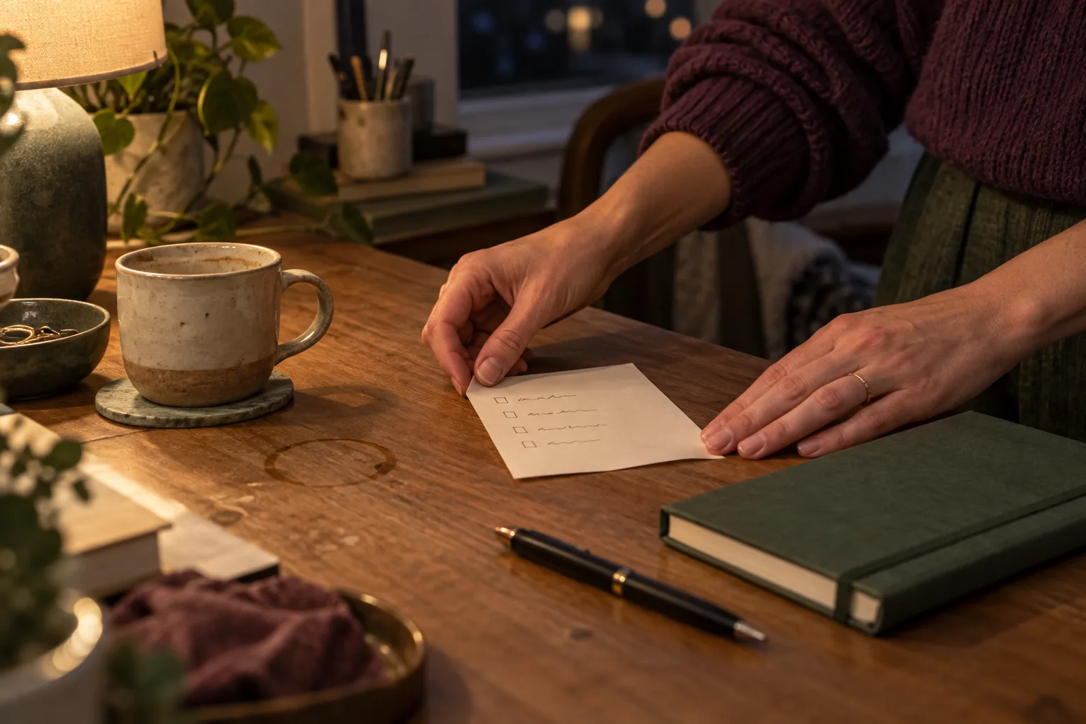 Hands setting a short evening to-do note beside a notebook in warm lamplight