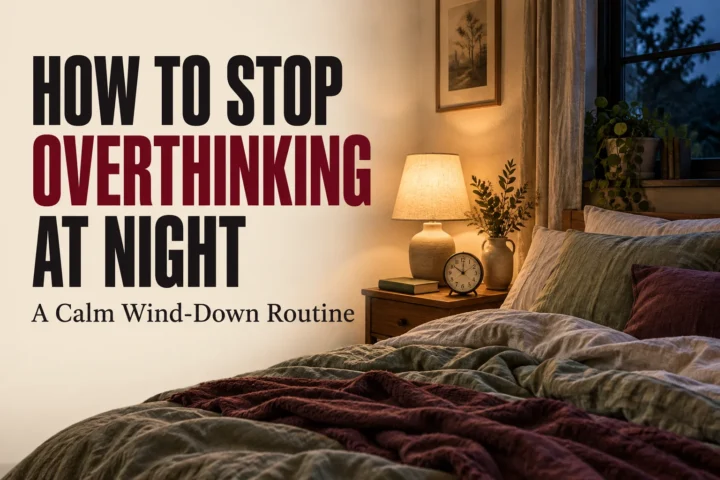 How to Stop Overthinking at Night: A Calm Wind-Down Routine in bold black and red text beside a softly lit bedroom