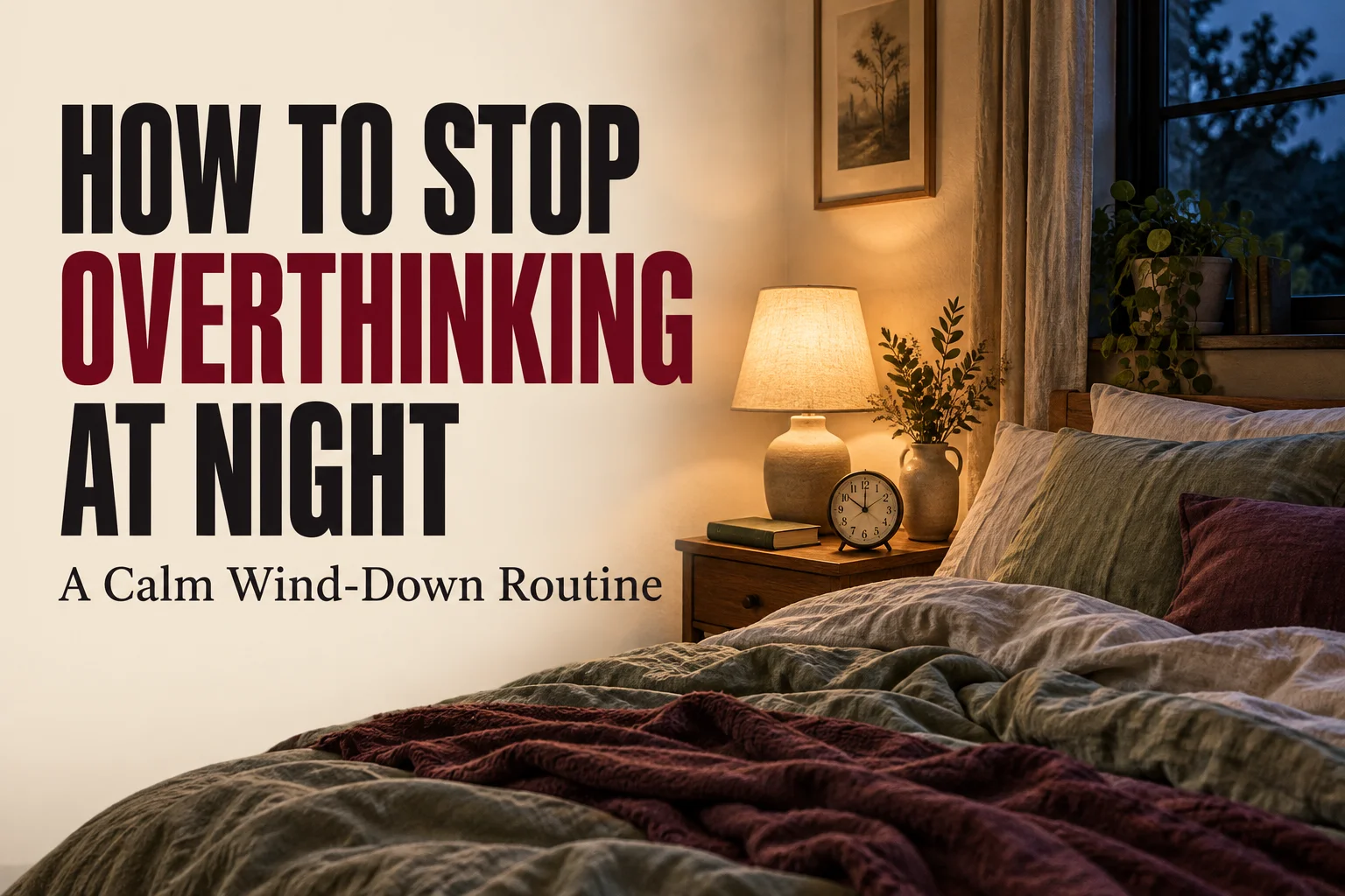 How to Stop Overthinking at Night: A Calm Wind-Down Routine in bold black and red text beside a softly lit bedroom