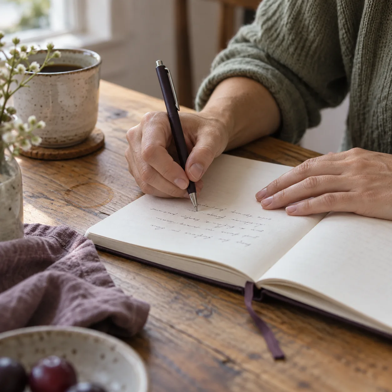 Close-up of hands writing in a journal at a wooden table in soft natural light