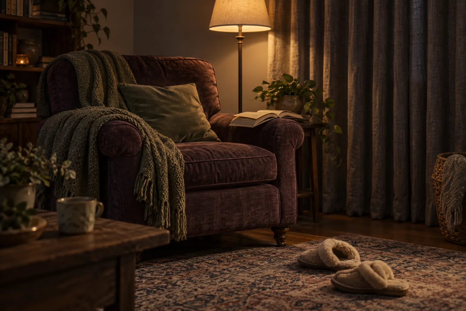 A quiet reading chair with a book, soft lamp, throw blanket, and slippers in a lived-in room at night