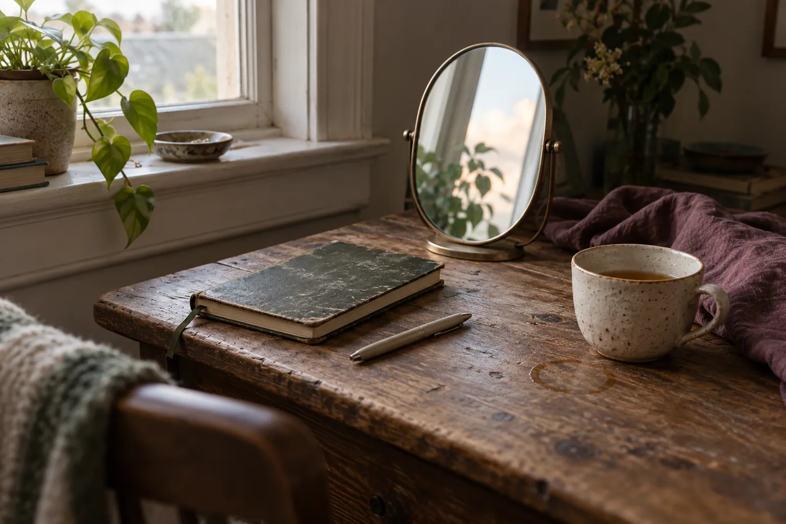 Quiet home still life with a mirror, open journal, mug, and soft natural light