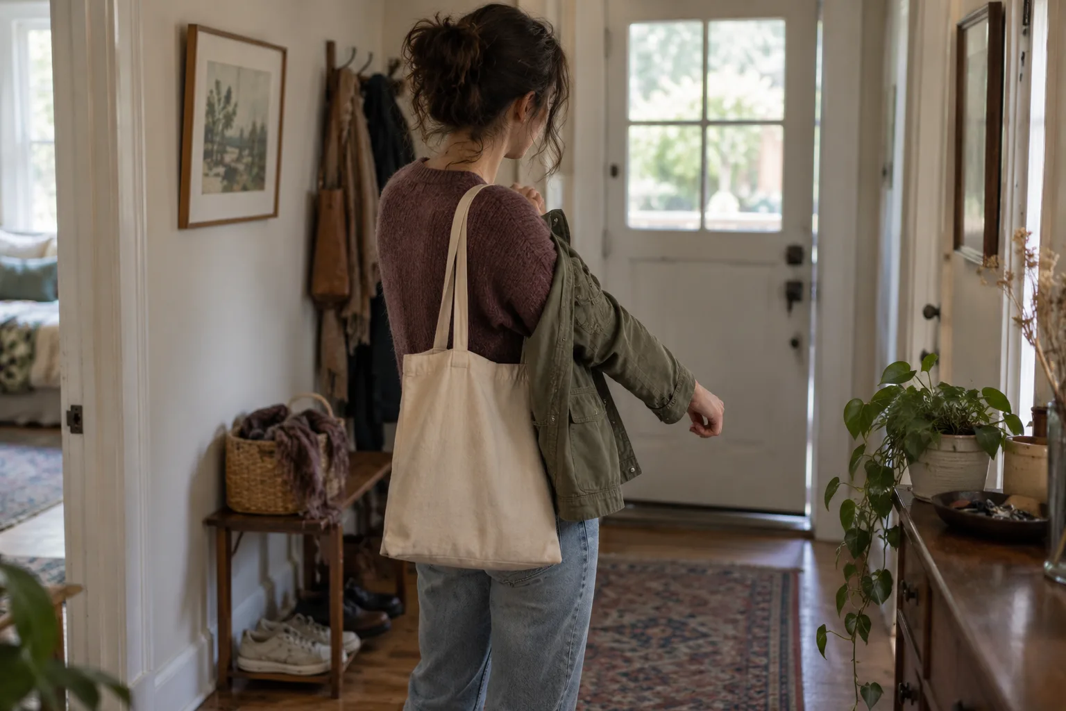A person seen from behind standing by a doorway in a softly lit lived-in home