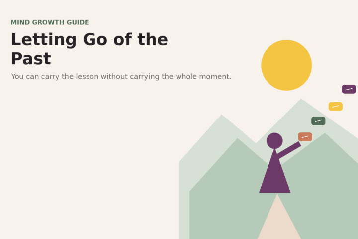 Editorial illustration of a person releasing small notes into the air at sunrise, symbolizing letting go of the past.
