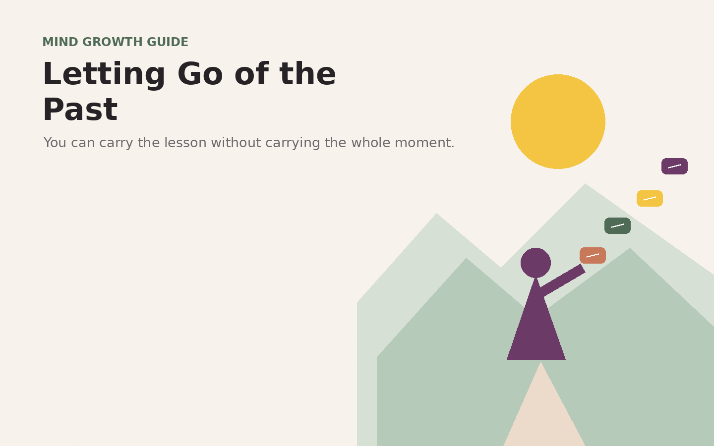 Editorial illustration of a person releasing small notes into the air at sunrise, symbolizing letting go of the past.